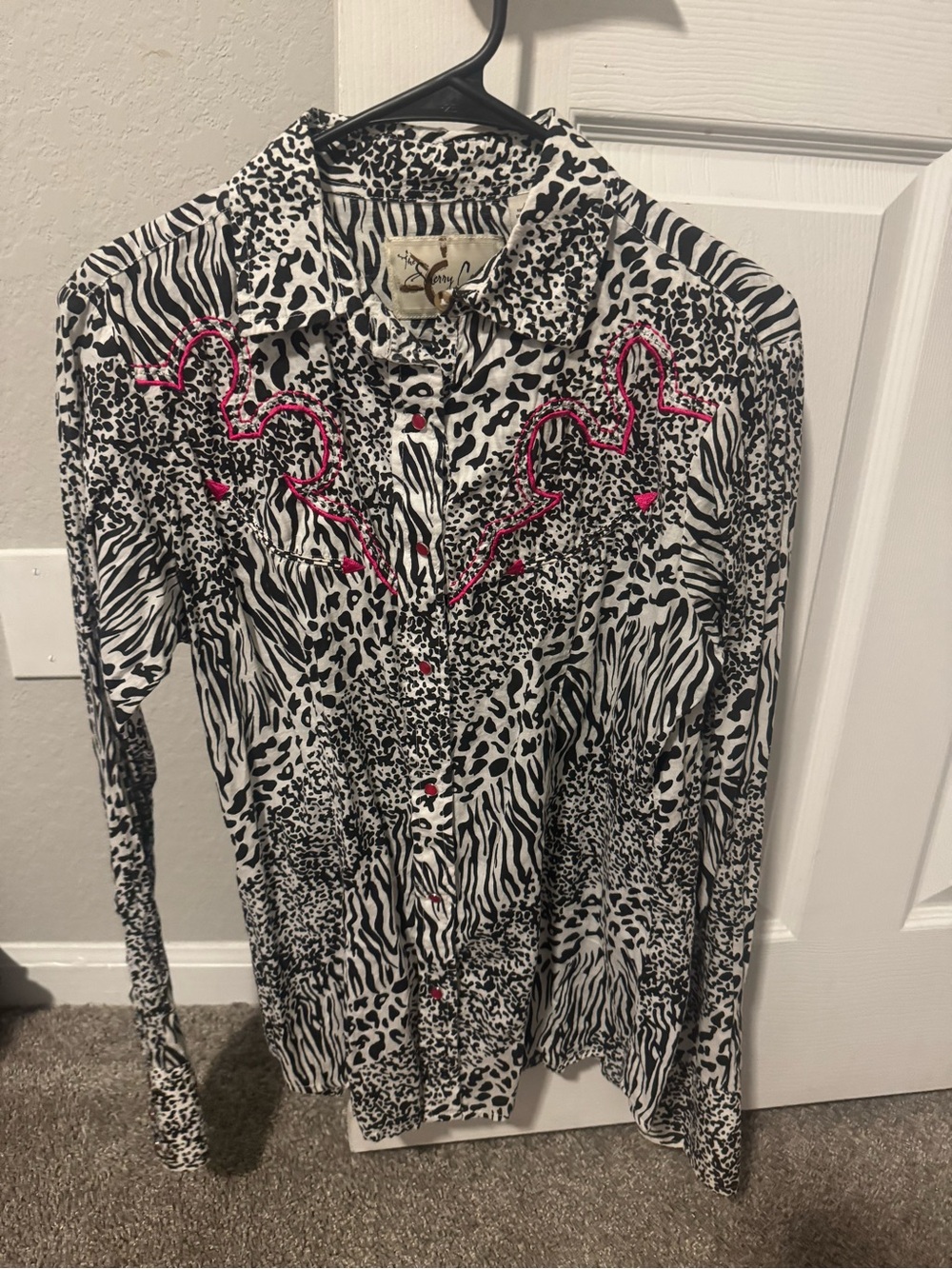 Sheri Cervi Black & White Animal Print Button-Up Shirt with Pink Embroidery